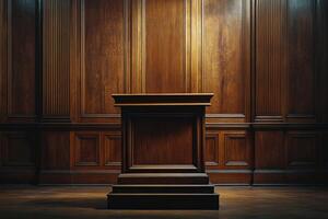Elegant wooden podium in a richly detailed room with warm lighting photo