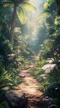 Lush tropical pathway leading through the dense greenery in a serene jungle setting photo