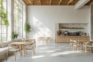 Modern cafe interior with large windows, minimalist furniture, and a warm ambiance in the daytime photo