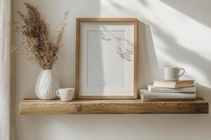 A cozy bedroom corner featuring a wooden bedside table with a cup and a vase in warm morning light photo