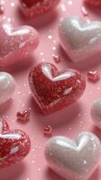 Colorful sparkling hearts arranged on a soft pink background for a festive celebration photo