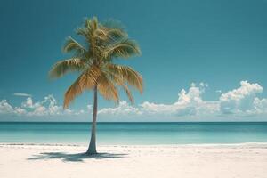 A solitary palm tree on a serene beach under a clear blue sky with gentle waves in the background photo