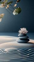 Calm waters with a blooming lotus flower on stacked stones in a serene natural setting photo