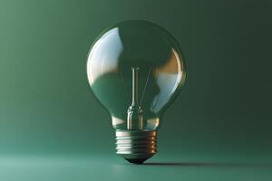 A vintage light bulb illuminated on a green surface beside a plant in soft morning light photo