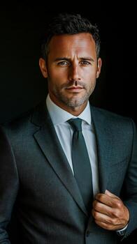 Man in a tailored suit poses confidently against a dark background in a stylish indoor setting photo