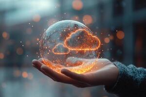 A glowing orb held in palm with cloud patterns emitting vibrant light in a misty urban background photo