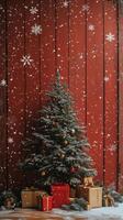 Christmas tree adorned with red ornaments and wrapped gifts in a festive setting photo