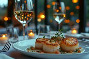 Deliciously seared scallops served on a white plate in a soft candlelit restaurant setting photo