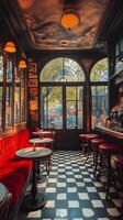 Cozy cafe interior with red chairs and large windows overlooking a vibrant street view photo