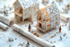 Construction simulation with miniature models and blueprints on a work table photo