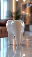 Ceramic tooth sculpture displayed on a marble surface in a modern indoor setting photo