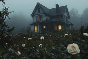 Mysterious old house surrounded by roses in a foggy landscape during twilight hours photo