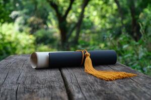 Graduation cap and diploma on wooden table in a lush green setting during daytime photo