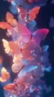 Colorful butterflies floating gracefully in a dreamy, illuminated setting at night photo