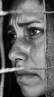 A woman gazes pensively through a shadowy pattern during a quiet afternoon photo