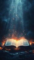 An open book emits glowing particles in a mystical setting with sunlight filtering through photo