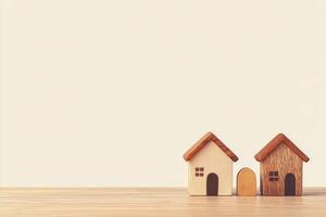 Wooden model houses arranged on a wooden table with a plain background indoors photo