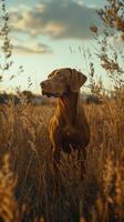 A dog enjoying a golden sunset in a wildflower meadow during late afternoon hours photo