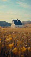A serene church nestled in a golden meadow under a clear sky in the countryside photo