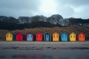 Colorful beach huts lined up along the shore near wooded area at sunset photo