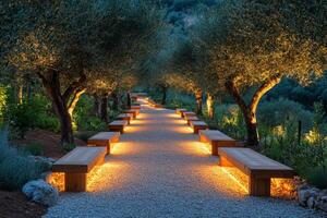 Serene pathway lined with olive trees and benches illuminated at twilight in a peaceful garden photo