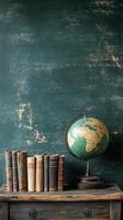 Vintage globe on a wooden table next to a stack of aged books against a textured green backdrop photo