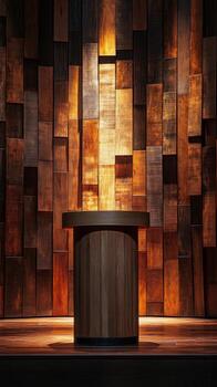 Wooden podium in a warmly lit conference space designed for public speaking in an urban setting photo