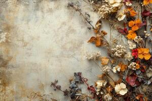 Decorative arrangement of dried flowers against a textured vintage background photo