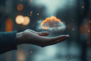 A glowing orb held in palm with cloud patterns emitting vibrant light in a misty urban background photo