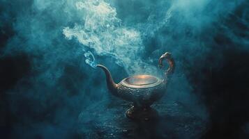 Mystical antique lamp surrounded by swirling smoke in a dimly lit atmosphere photo
