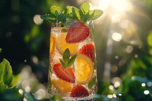 Refreshing summer drink with fruits and mint in a garden setting during golden hour photo