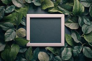 A serene face framed by lush green leaves in an outdoor setting during daylight hours photo