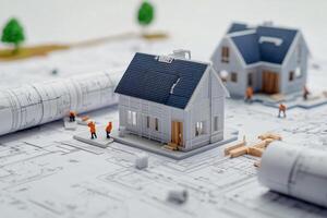 Construction simulation with miniature models and blueprints on a work table photo