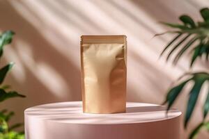A gold packaging pouch displayed on a pink pedestal surrounded by green foliage in natural light photo