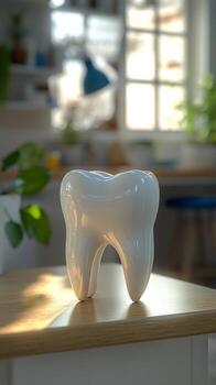 Ceramic tooth sculpture displayed on a marble surface in a modern indoor setting photo