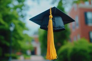 Black graduation cap with yellow tassel displayed indoors highlighting academic achievement photo