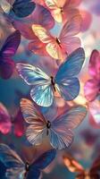Colorful butterflies floating gracefully in a dreamy, illuminated setting at night photo