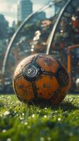 Golden soccer ball resting on grass with sunlight reflecting during a vibrant match atmosphere photo