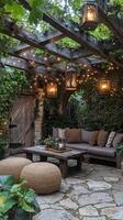 Cozy outdoor seating area adorned with lanterns under leafy trellis in a tranquil garden photo
