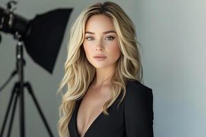 A woman with long blonde hair poses confidently in a studio setting with soft lighting photo