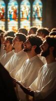 Joyful woman smiling with closed eyes in a group setting near stained glass windows photo