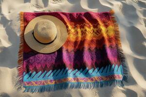 Colorful blanket and straw hat on sandy beach at sunset showcasing vibrant patterns and textures photo