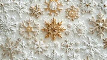 A diverse collection of intricately designed snowflakes on a white background during winter photo