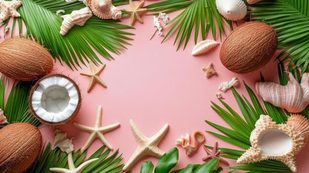 Coconuts and starfish arranged with palm leaves on a pink background during a tropical themed event photo