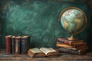 Classic books and globe displayed on a wooden table against a green chalkboard background photo