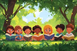 Children reading books in a park on a sunny day with trees and grass around them photo