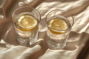 Refreshing lemonade served with lemon slices on a soft fabric surface in afternoon light photo