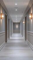 Bright and modern hallway with elegant lighting in a contemporary building during the day photo