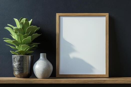 A serene interior decor setup featuring a blank frame and decorative elements at golden hour photo