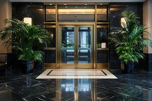 Elegant entrance of a modern building featuring lush plants and polished floors during daylight photo